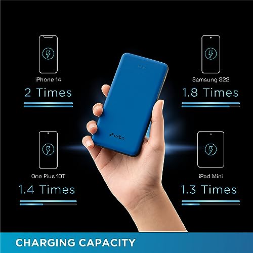 Image of URBN 10,000mAh Ultra Slim Power Bank with Type C Input /Output - Dual Port, 12W Fast Charging, 4-Layer Circuit Protection BIS Certified 6 Months Warranty Made in India Free Type C Cable - Bright Blue