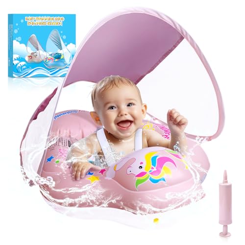 BNEHHOV Flotador Bebe con sombrilla Flotador Doble Airbag Protección de Seguridad UPF 50+ Flotadors Bebe Apto para Bebés de 8 a 16 kg /6 a 36 Meses Evite Que se Vuelque (Rosa)