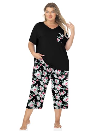 Womens Modal Plus Size Pajamas Capri Pajama Sets Soft Pjs V Neck Shirt Printed Capri Pants With Drawstring S-3XL