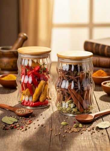 Image of SUANI Air Tight Wave Glass Jar Container with Wooden Lid and Spoon for Home and Kitchen | Odor Free Storage Jar | Jars For Spices, Dry Fruits, Grains and Kitchen Storage, (500Ml) (Pack Of 2)