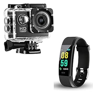 Plasmic Combo Pack of 2 Items - 1080p Sports Waterproof Action Camera, Smart Fitnees Activity Band (1 Year Warranty)