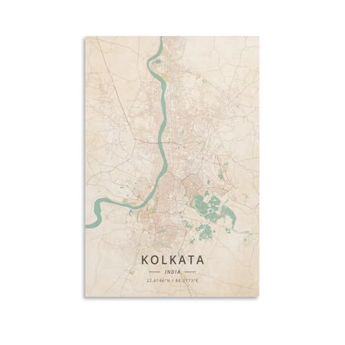 Kolkata India Map Poster vintage sur toile durable pour remplacer les posters en papier fragiles
