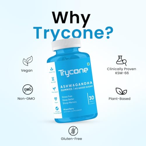 Image of Trycone KSM66 Ashwagandha Sugar Free Gummies for Stress Relief, Better Sleep and Improved Memory and Focus - Pack of 30 Gummies Herbal Ayurvedic Supplement for Men & Women