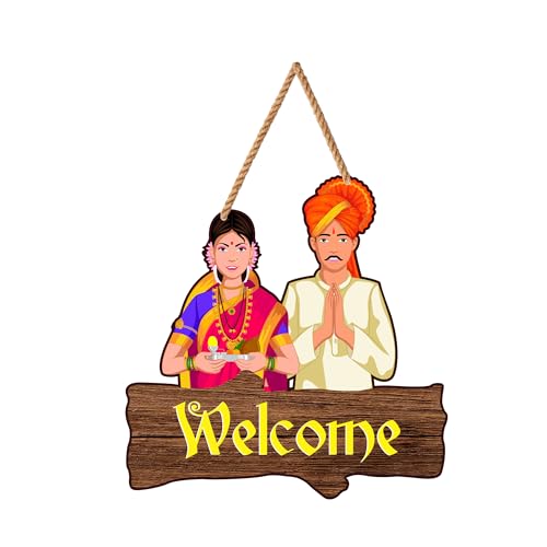 Image of Decor Smart Wooden Wall Hanging | Traditional Welcome Plaque | Decorative Wall Art with Indian Couple in Ethnic Attire | Home Decor Accent | Decoration for Bedroom & Living Room | Cafe (DWA 8702)