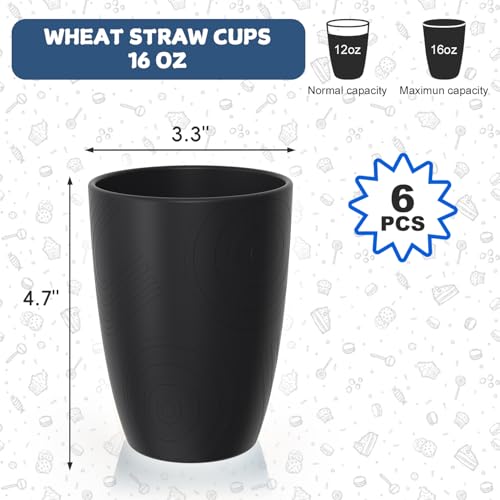 Image of 6PCS Wheat Straw Cups, 16 OZ Unbreakable Black Plastic Cups Set | Alternative to Plastic Drinking Cups for Kitchen & Camping, Dishwasher Safe Cup Set
