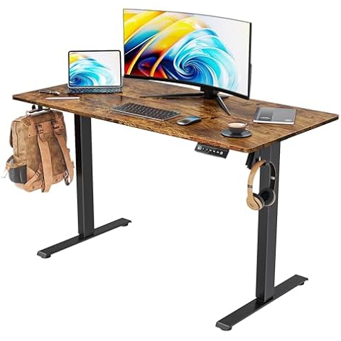VVENACE 48 Inch Electric Standing Desk Adjustable Height, Stand Up Desk Sit Stand Desk Rising Desk, Home Office Desk with 4 Memory Height Settings, 2 Headphone Hook, Black Frame/Brown Spliced Desktop Cover