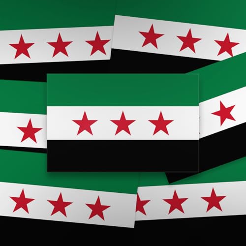 Lot de 100 autocollants drapeau syrien/Syrie rouge/blanc/noir avec étoiles/drapeau de la Syrie / résistants aux intempéries et aux UV / 8,5 × 5,5 cm