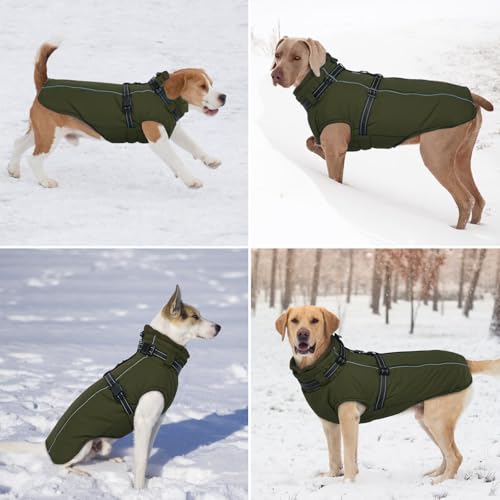 Lelepet Großer Hundemantel mit Geschirr – warme, wasserdichte Fleecejacke, Winter, reflektierende Weste, Schneeanzug für Labrador, Armeegrün, Größe XXL