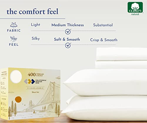 California Design Den 400 Thread Count 100% Cotton Sheets, King Size Sheet Set, 4 Pc, Luxury Sheets & Pillowcases, Breathable Bedding For King Bed, Sateen, King Bed Sheets, Deep Pockets (Creamy White) #TOP3