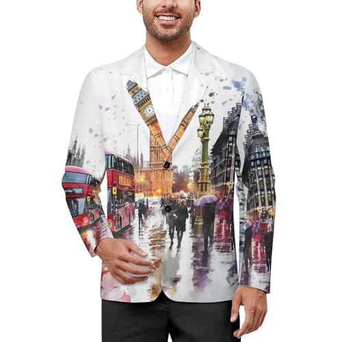 London Street Watercolor Mens Suit Jacket Lapel Blazers V Neck Button Business Coat Tuxedo for Wedding Party