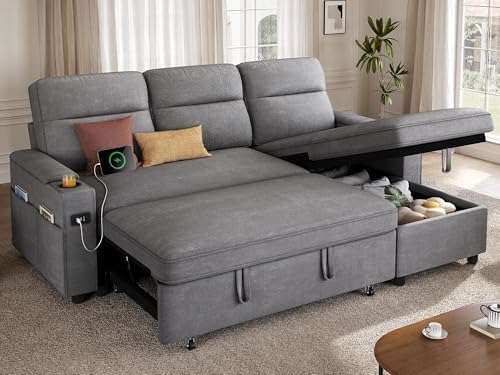 YITAHOME Convertible Sleeper Sofa with Adjustable Backrest & Pull Out Bed, L-Shaped Sectional Sofa Bed with Armrest & USB Port, Upholstered Sectional Couch for Living Room, No-Tool Assembly, Grey