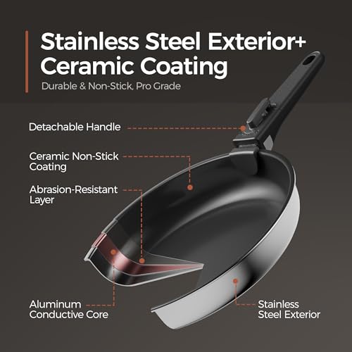 Image of 16PCS Pots and Pans Set Non Stick, Diamond-Titanium Ceramic Cookware Set & 3 Layer Stainless Steel with Detachable Handle, Induction Cookware, Non Toxic Oven /Dishwasher Safe, Black