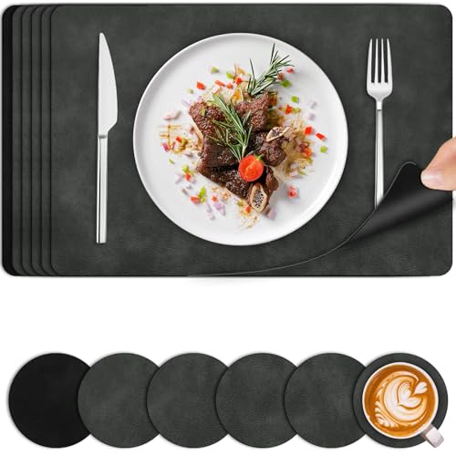 Placemats and Coasters Set of 6 - PU Faux Leather Heat Resistant Washable Table Mats - Non-Slip Waterproof Dual-Sided Place Mats for Kitchen Dining Outdoor Home Decoration - 44.5 x 30 cm (Grey Black)