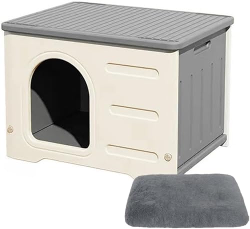 猫ハウス 猫用ベッド ペットハウス 小型犬用 プラスチック製猫ハウス 屋外 屋内 野良猫用 通年使用可能 毛布付き 防寒 雨よけ ペット用品 通気性 組み立て式 洗える (グレー)