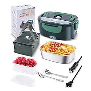 80W Faster Electric Lunch Box, Home Office Truck Car Food Warmer, Portable Food Heater with 304 Stainless Steel Container, Spoon & Fork and Carry Bag (GreyGreen)
