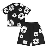Track Suit Set for Kids Boys Girls Y2k Flower Print Casual Loose Fit Crewneck Short Sleeve Shirt and Short Set