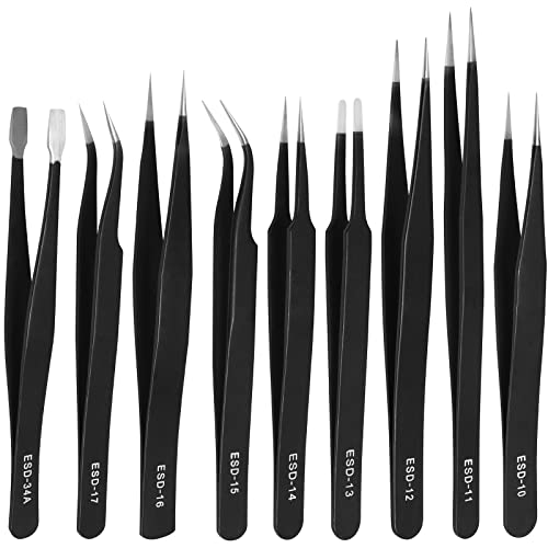 TOPBELIEF Precision ESD Tweezers Set, 9 Pcs Anti-Static Stainless Steel Tweezers