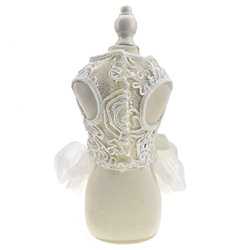 Hollow Dog Wedding Dress Tutu Skirt Luxury Lace Pearl Bow Christmas Dress Costume For Small Dog Pet Apparel (M, White) #TOP1