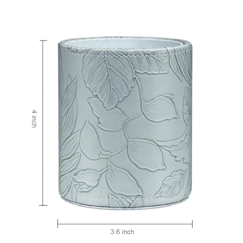 Image of Round Leather Pen Holder for Desk, Desktop Organizer, (Carved Blue)