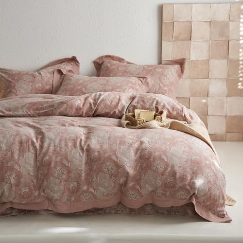 VM VOUGEMARKET Blush Pink Flower Duvet Cover Set Queen,3 Pieces Retro Jacquard Pink Floral Bedding Set,Linen Cotton Yarn-Dyed Textured Duvet Cover with Zipper Closure