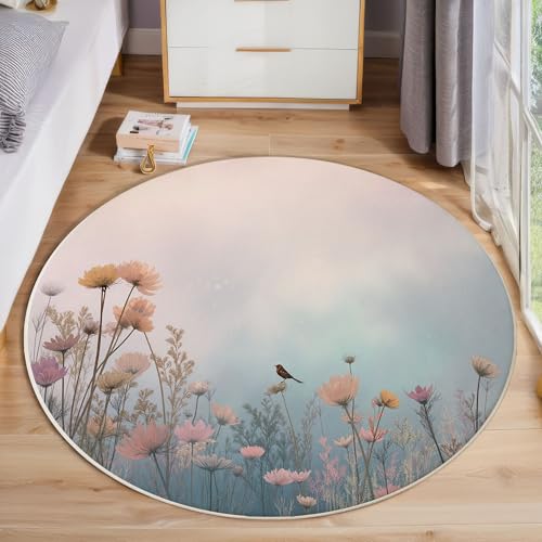 Alfombra Redonda Acuarela Soñadora, Alfombra Rosa Pelo Corto Suave, Alfombras Estampado Campo De Flores Pajaritos Antideslizante fácil de cuidar, para Dormitorio Salón Cocina Halls 120cm