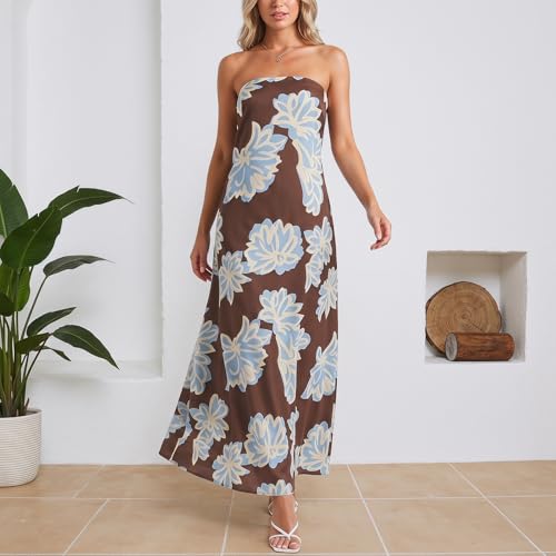 Image of Zwirelz Women Strapless Maxi Dress Boho Floral Print Flowy Long Tube Dress Off Shoulder Loose Beach Sundress