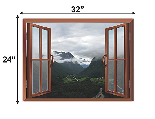 Image of CVANU Beautiful Green High Mountain Covering with White Clouds, Removable Fake Window Wall Stickers /Decals for Living Room Cv 43