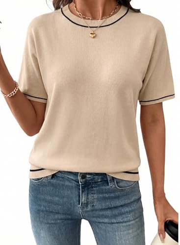 Image of SHEWIN Womens Tops Trendy Short Sleeve Shirts Crewneck Lightweight Knit Sweater Top Business Casual Outfits