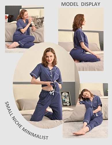 Image of NAP BOUND 100% Cotton Women's Pajama Sets Short Sleeve Button Down Soft Pjs 2 Piece Lounge Set with Pocket Nightwear XS-XXL