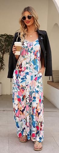 Image of Supnier Women's Summer Maxi Dress Casual V-Neck Sleeveless Bohemian Spaghetti Strap Floral Long Maxi Dress with Pockets