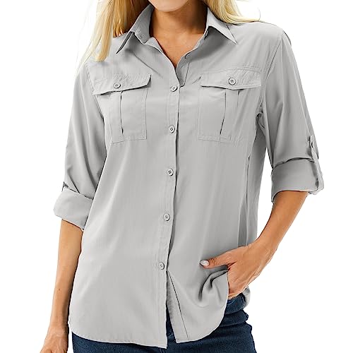 Asfixiado Damen Hemd UPF 50+ UV Schutz Langarmshirt Damen Outdoor Wanderbluse Safari Kleidung Damen Atmungsaktiv Outdoor Cool Quick Dry Sport Oberteile（5070 Grau L）