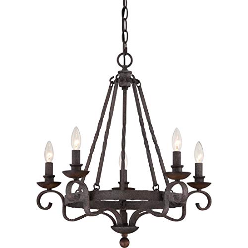 Image of Quoizel Noble 24 inch Candle-Style Chandelier, 5-Light, Rustic Black | Solid Wood Accents, European Style, Adjustable Height Up To 78 inch