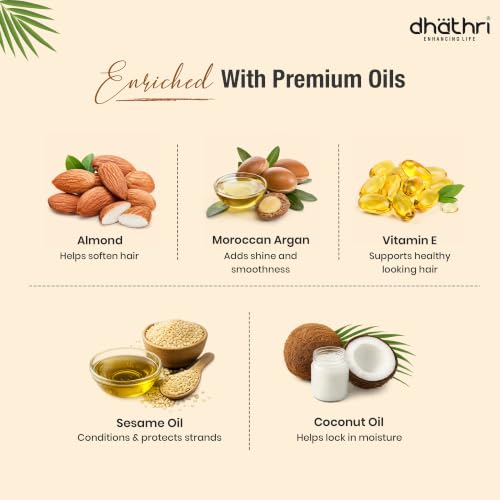 Image of Dhathri Almond & Moroccan Argan Hair Oil with Vitamin E | Helps Reduce Hair Breakage & Strengthen Hair | Non-Greasy, Paraben-Free Formula for Hair Nourishment & Shine | for All Hair Types, 300ml