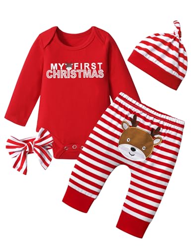 Von kilizo Baby Girl Christmas Outfit Baby Girl Long Sleeve Rompers Striped Pant Sets My First Christmas Baby Girl Outfit