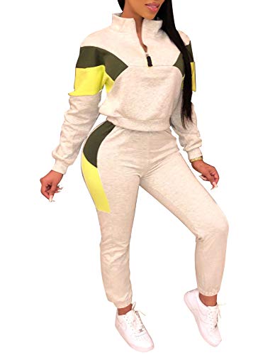 Remelon Womens Stripe Print Zip Up Pullover Sweatshirt & Sweatpants Set Sports 2 Piece Outfits Jogger Sweatsuits Tracksuits Gray M
