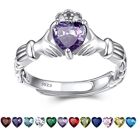 Bestyle Flattering Silver Birthstone Rings June Alexandrite Heart Crystal Rings for Women Dainty Hypoallergenic Adjustable Celtic Claddagh Rings for Girls, Size #6-#12 Cover