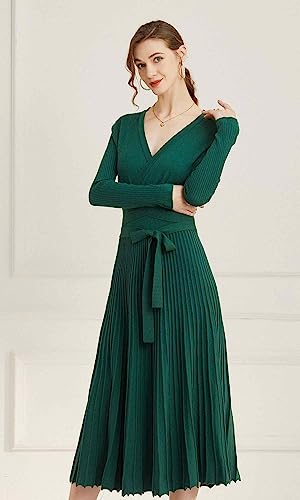 Image of Women's Long Sleeve Sweater Dress Ankle Length Fall Dress Vneck Knit Winter Dress