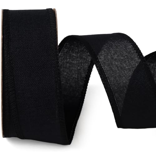 LaRibbons Black Linen Wired Ribbon 1 1/2 Inch x 12 Yard Continuous Burlap Wired Ribbon for Wreaths Bow Crafts Gift Tree Decoration Home Decor