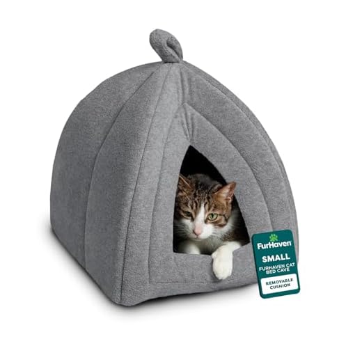 FurHaven Cat Bed Cave for Indoor Cats & Small Dogs, Washable & Foldable Pet Tent with Removable Cushion, Small, Polar Fleece, Heather Gray