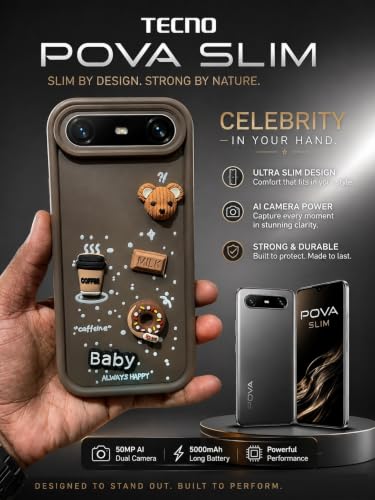 Image of Bintage Back Cover Compatible for Tecno KM9 / Pova Slim 5G | Cute Fun Ball | 3D Taddy Smiley Coffee | Milk Case | Full Body Protection - Brown