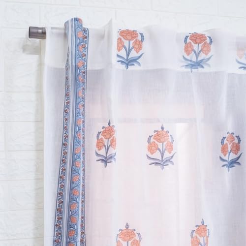 Image of Peepul Tree Pure Cotton Handprinted Blue and Peach Floral Sheer Curtain | Set of 2 | 8 ft | Inspired by Rajasthan Palaces | Royal Courtyards Collection