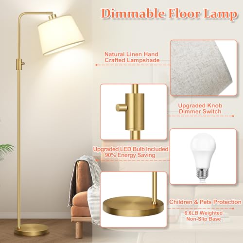 Image of 【Upgraded】 Dimmable Floor Lamp, 1000 Lumens LED Edison Bulb Included, Arc Floor Lamps for Living Room Modern Standing Lamp with Shade, Tall Lamps for Living Room Bedroom Office Dining Room - Gold