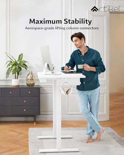 Image of ARTIKEL Artidesk Electric Height Adjustable Table for Office Work with Keyboard Tray | Sit Stand Gaming Desk| 80Kg Wt Lift | 2 Headphone Hook Cable Management (White, 120x60cm)
