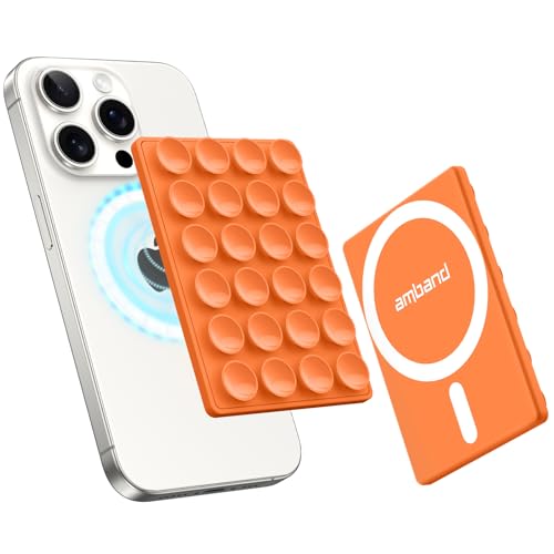 amBand Magnetic Sticky Phone Suction Grip for MagSafe, Removable for Wireless Charging, Durable Magnet Silicone Portable Mount Stand for iPhone 12 13 14 15 16 17, Hands-Free Video/Selfie, Orange