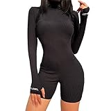 Vertvie Damen Sportanzug Yoga Fitness Slim Jogginganzug Langarm Bodycon Strampler Eng Jumpsuit mit Reißverschluss Body Outfits Playsuit Kurz Hosen(K-Schwarz,L)