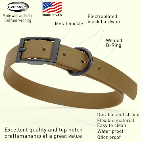 Image of Dogline Biothane Waterproof Dog Collar Strong Coated Nylon Webbing with Black Hardware Odor- Proof for Easy Care Easy to Clean High Performance Fits Small Medium or Large Dogs, Coyote Brown