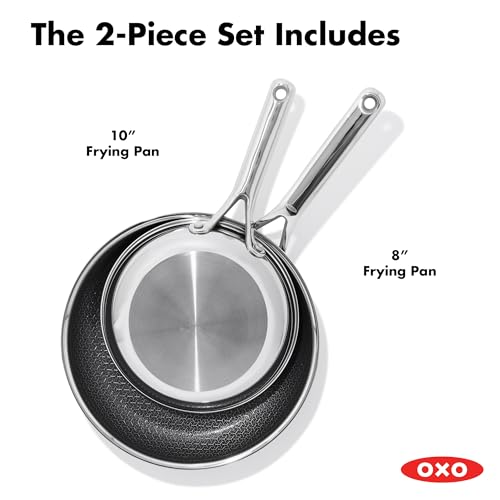 Image of OXO Hybrid 8 inch and 10 inch Frying Pan Skillet Set, Durable PFAS-Free Ceramic, Fusion Boost Tech for Powerful Searing, Induction & All Cooktop Compatible, Dishwasher Safe, Mirror Polished Tri-Ply