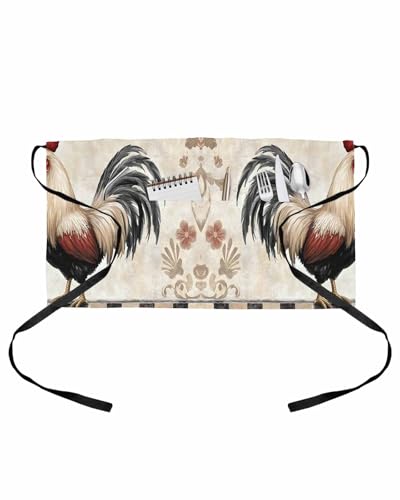 PIEPLE White Retro Rooster Server Apron Waitress Aprons with 3 Pockets, Watercolor Pastoral Animals Plaid Half Waist Waiter Aprons Restaurant Chef Aprons for Women Men