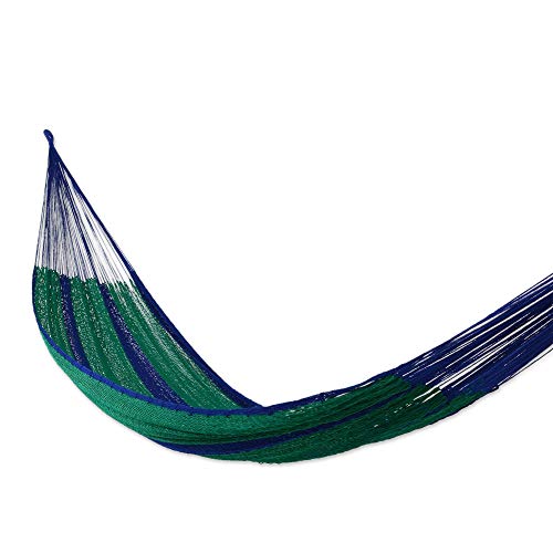 NOVICA Green Navy Blue Striped Nylon Hand Woven Mayan Rope 2 Person XL