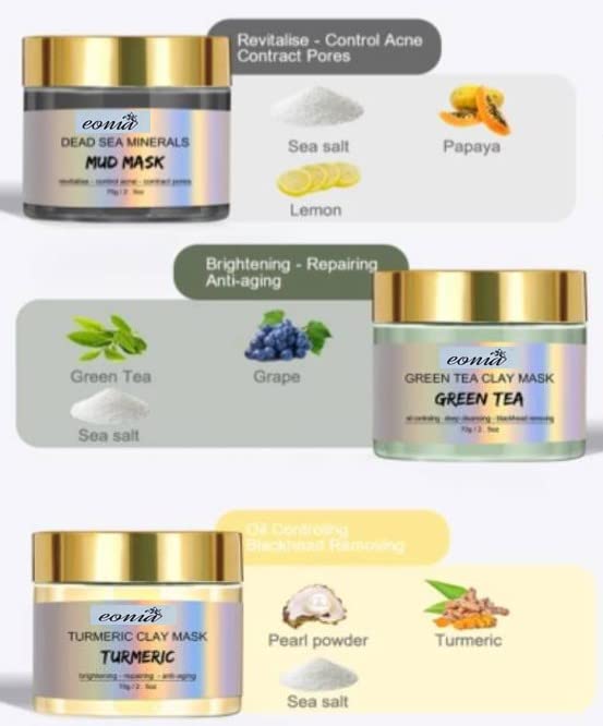 Miniatura 9 de Eonia Máscara de arcilla de cúrcuma, máscara de arcilla desintoxicante de té verde, máscara de barro de minerales del mar muerto, juego de máscara